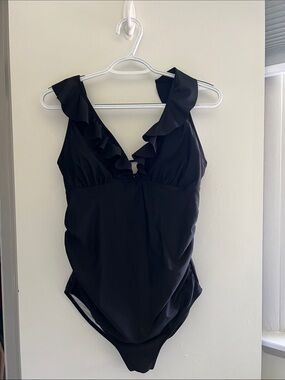 Black Ruffle V-Neck One-Piece Swimsuit